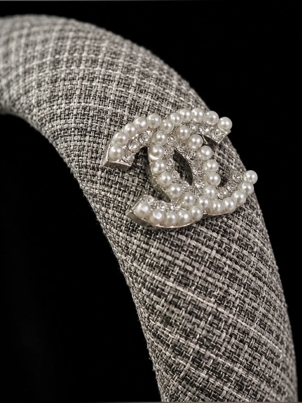 Gray Tweed Headband with Pearl Embellished CC Accent